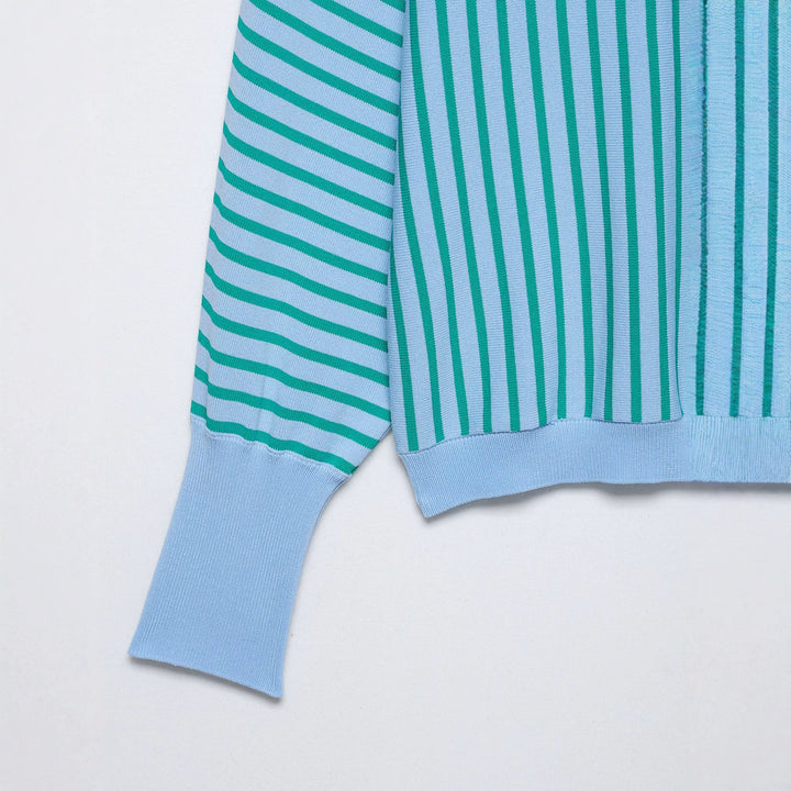 Women's Striped Cropped Fine Knit Sweater with Extended Cuffs Mune Fashion