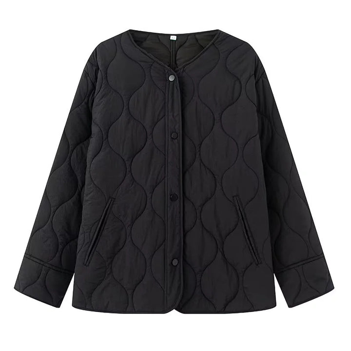 Women's quilted transitional jacket with round neck, snap button closure and wave-shaped quilting Mune Fashion