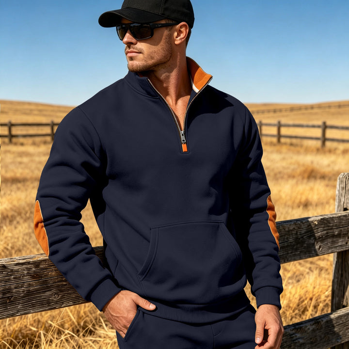 Men's Athletic Half-Zip Sweatshirt with Elbow Patches and Kangaroo Pocket Mune Fashion