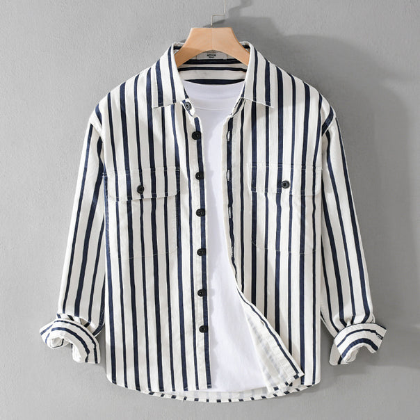 Men's shirt jacket with vertical stripes, patch chest pockets, and lightweight cotton texture Mune Fashion