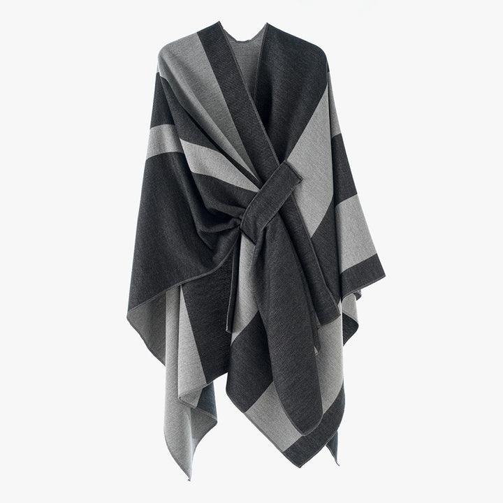 Women Soft Knit Poncho with Belt and Contrast Edge Mune Fashion