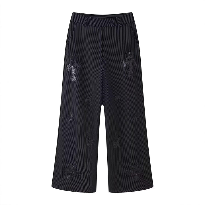 Women's High-Waisted Wide Marlene Trousers with Pinstripes and Sequin Embroidery Mune Fashion