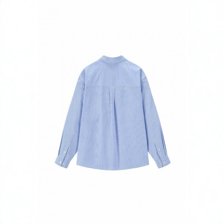 Women Oversize Casual Shirt with fine pinstripe and decorative bow application Mune Fashion