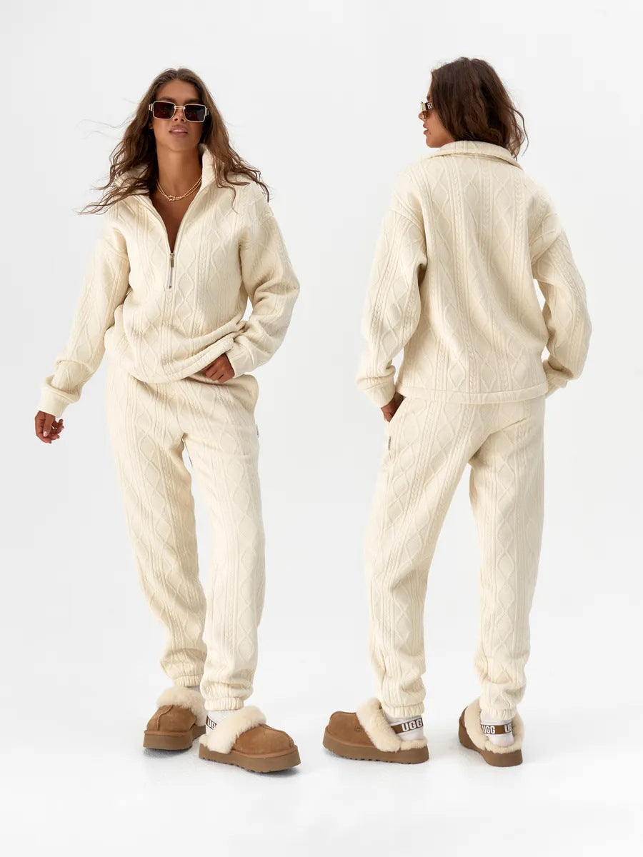 Women's Cable Knit Lounge Set with Half Zipper and High-Waisted Jogging Pants Mune Fashion
