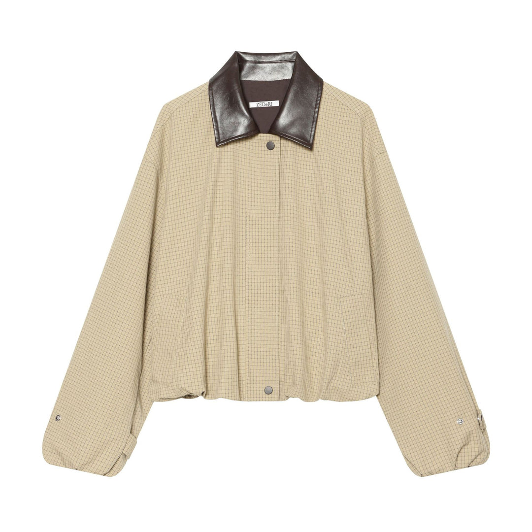 Women's Oversize Boxy Jacket with Check Pattern, Faux Leather Lapel and Drawstring Hem Mune Fashion