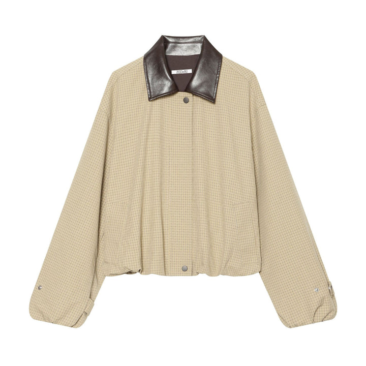 Women's Oversize Boxy Jacket with Check Pattern, Faux Leather Lapel and Drawstring Hem Mune Fashion