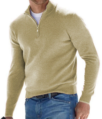 Men's Fine Knit Sweater with Short Zipper and Troyer Collar Mune Fashion