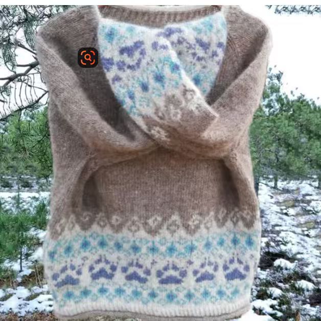Women's gray marled round neck sweater with circular jacquard yoke and ribbed hem Mune Fashion