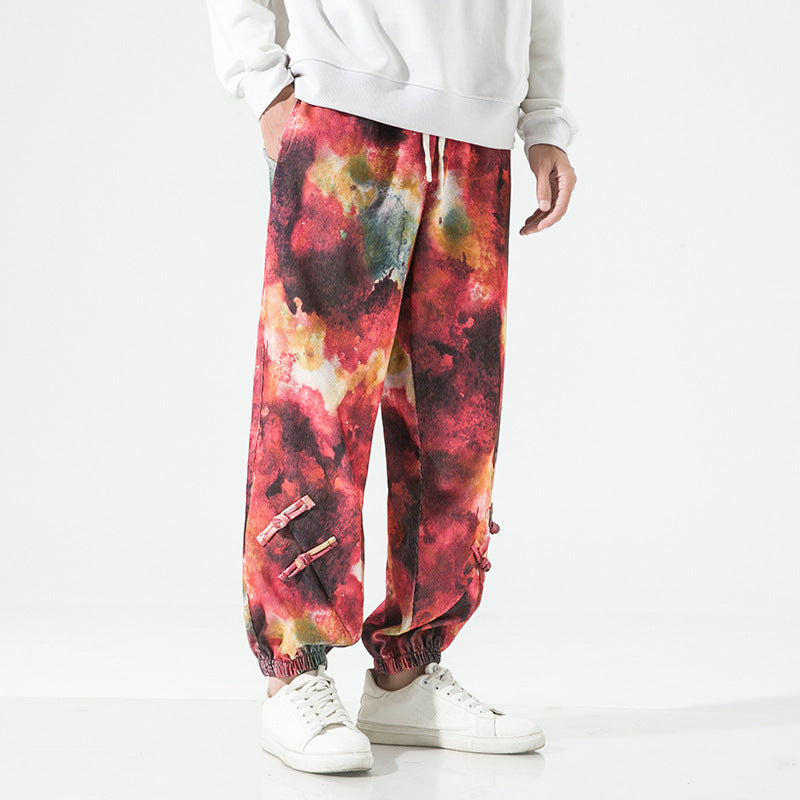 Men's Tie-Dye Baggy Jogging Pants with Drawstring, Elastic Cuffs and Decorative Straps Mune Fashion
