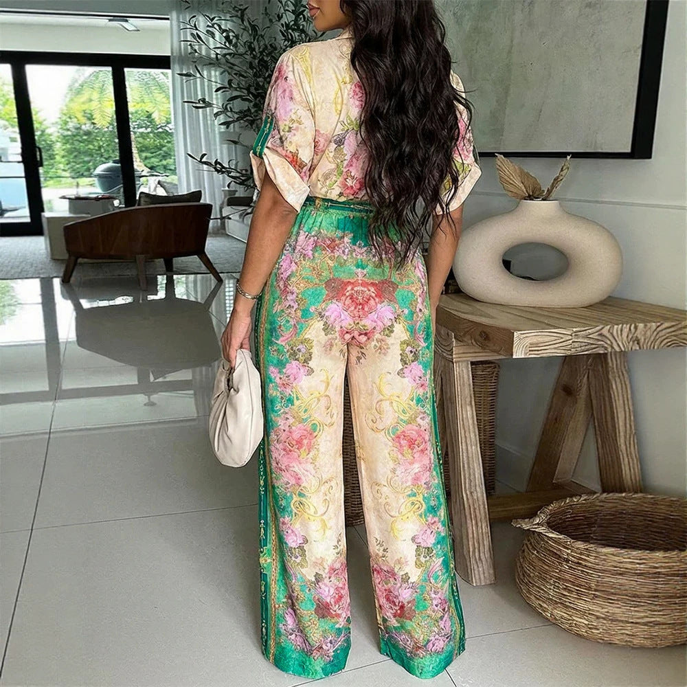 Women's satin jumpsuit with shirt collar, deep V-neck, and wide palazzo leg Drune
