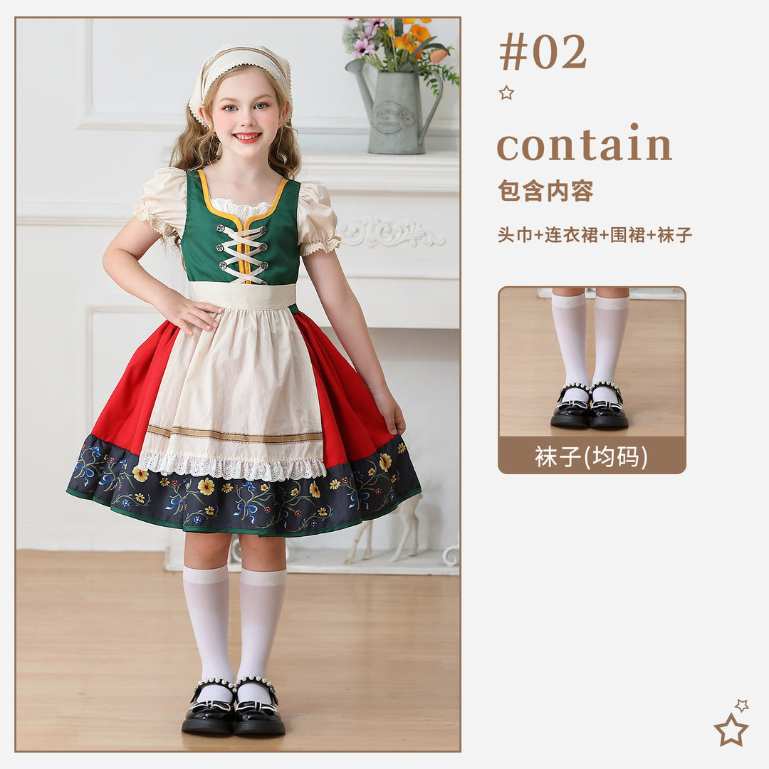 Ladies' traditional children's dirndl dress with decorative lacing apron and lace headscarf Mune Fashion