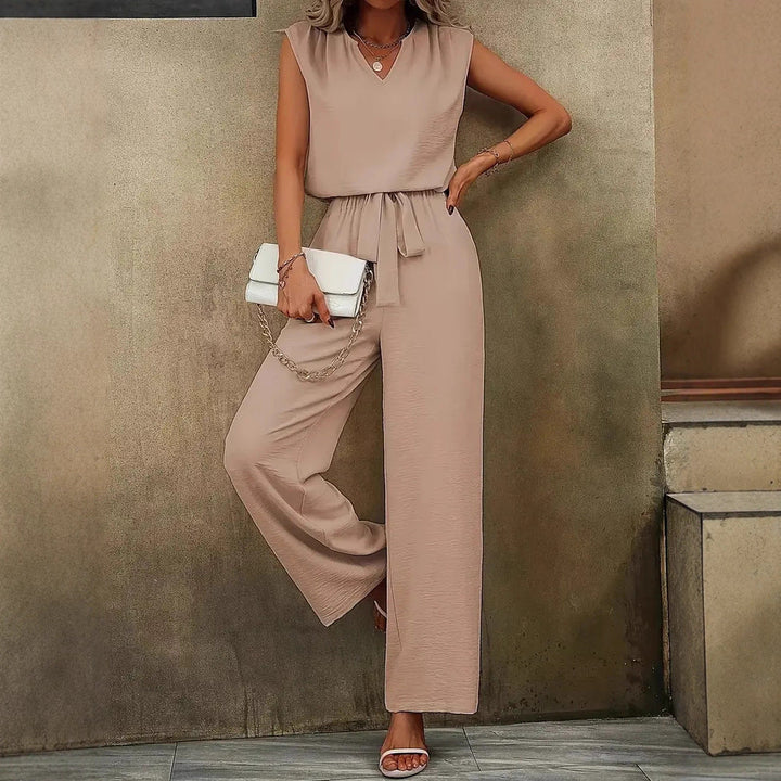 Women Elegant Jumpsuit with V-Neck and Waist Knot Mune Fashion