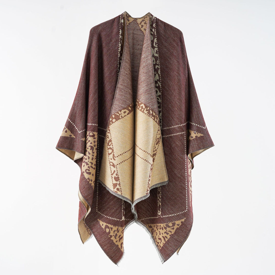 Women's Oversize Cape Throw with Jacquard Woven Patch Motifs and Fringed Hem Mune Fashion
