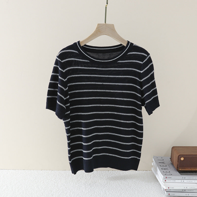 Women Short Sleeve Fine Knit Sweater with Maritime Stripes Mune Fashion