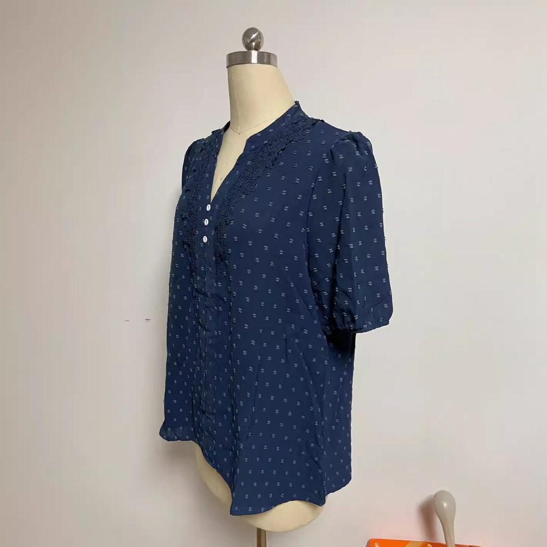 Women's semi-transparent Dobby blouse with stand-up collar, crochet trim, and puff sleeves Mune Fashion