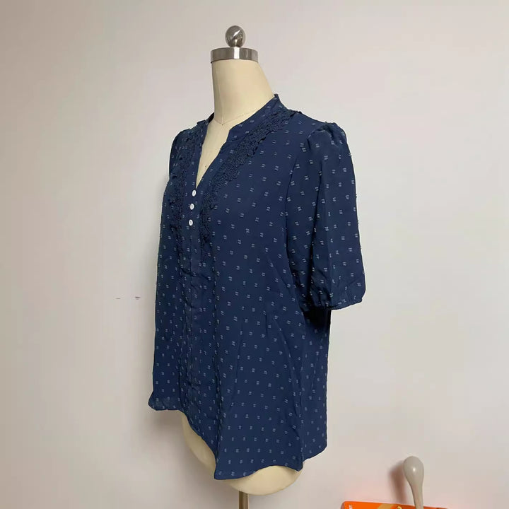 Women's semi-transparent Dobby blouse with stand-up collar, crochet trim, and puff sleeves Mune Fashion
