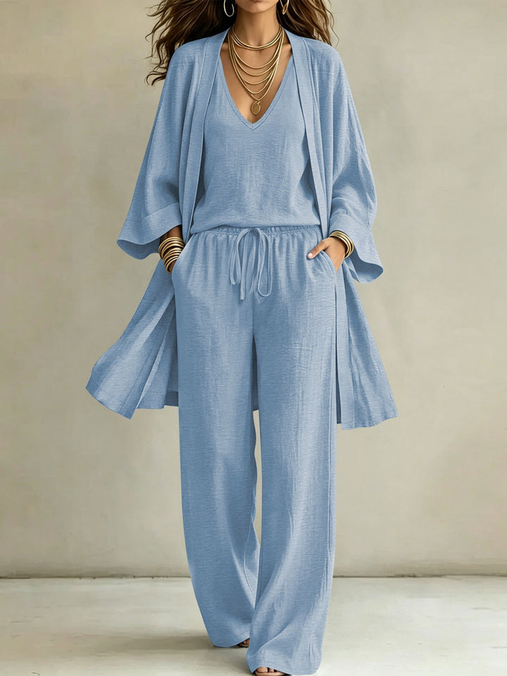 Women Casual Lounge Set with Kimono Cardigan, V-Neck Shirt and Wide Cord Pants Drune