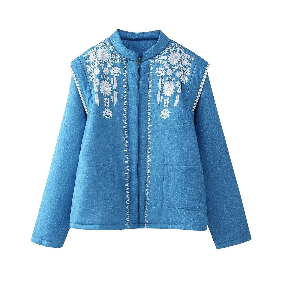 Women Quilted Linen Look Stand Collar Jacket with Folk Chest Embroidery & Patch Pockets Mune Fashion