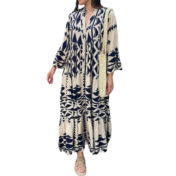 Women's Loose Maxi Dress in Boho Style with Graphic Print, V-Neck and Button Placket Mune Fashion