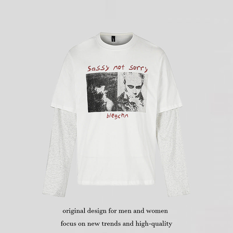 Women's Layered Long Sleeve Shirt in Layer Look with Photo Print and Contrast Sleeves Mune Fashion