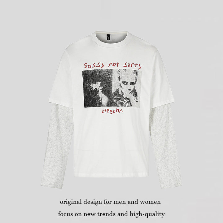 Women's Layered Long Sleeve Shirt in Layer Look with Photo Print and Contrast Sleeves Mune Fashion