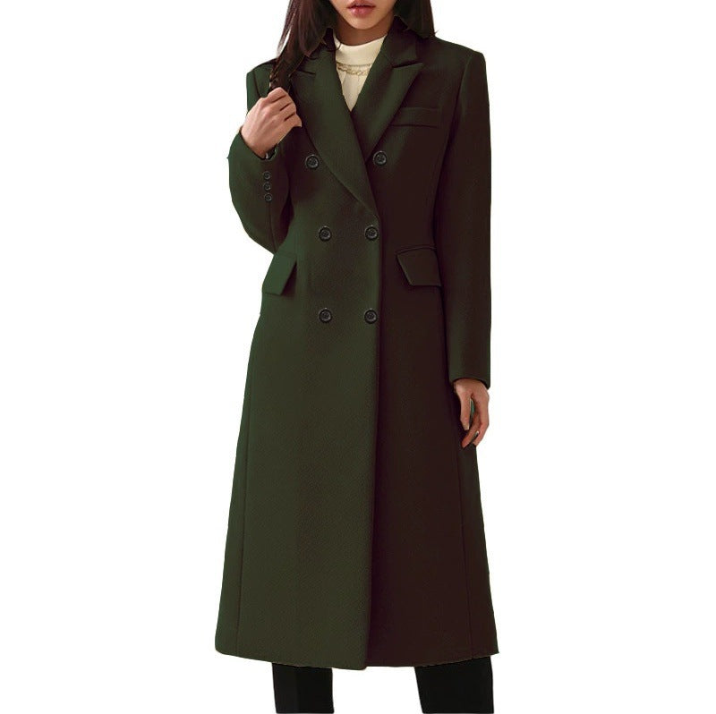 Women's longer double-breasted wool blend coat with lapel collar and patch pockets Mune Fashion