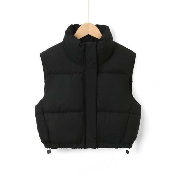 Women Padded Quilted Vest with High Stand-Up Collar and Drawstring Mune Fashion
