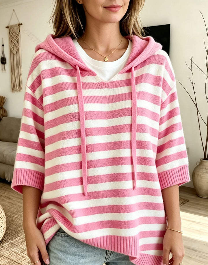 Women Casual Striped Hooded Poncho made of Soft Fine Knit with Half-Length Sleeves Mune Fashion