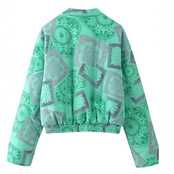 Women's Cropped Bomber Jacket with Bandana Print and Quilted Look Mune Fashion