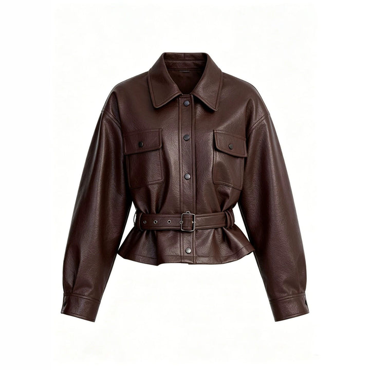 Ladies Fashion Leather Jacket with Belt Mune Fashion