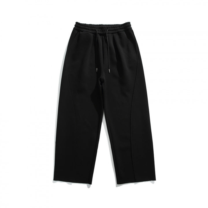 Unisex Loose Cotton Fleece Jogging Pants with Drawstring, Decorative Front Seams and Raw Hem Mune Fashion