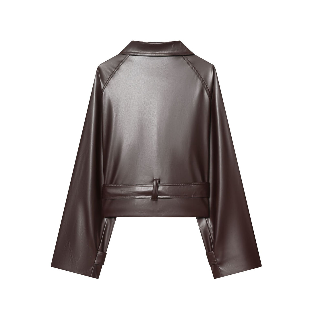 Women's Short Cut Faux Leather Trench Coat with Oversized Lapels, Double-Breasted Button Placket and Tied Belt Mune Fashion