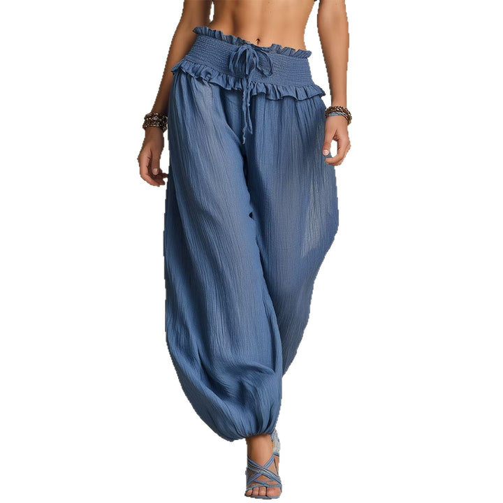 Women Wide Harem Pants with Gathered Smock Waistband and Elastic Ankle Closures Mune Fashion