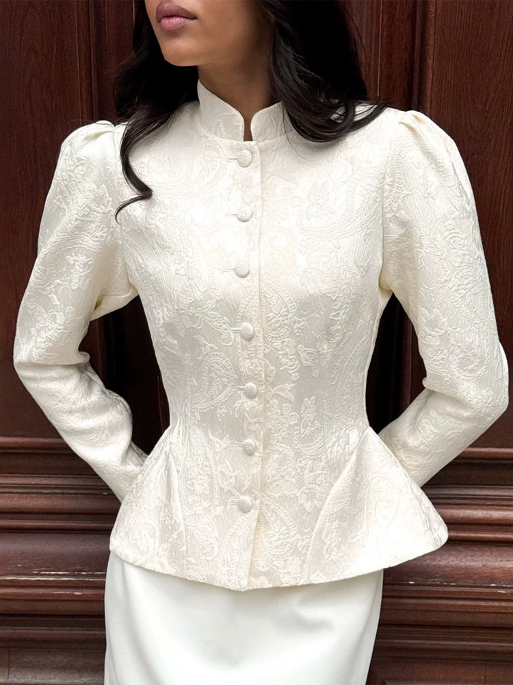 Women tailored jacquard blouse with stand-up collar and decorative button placket Mune Fashion