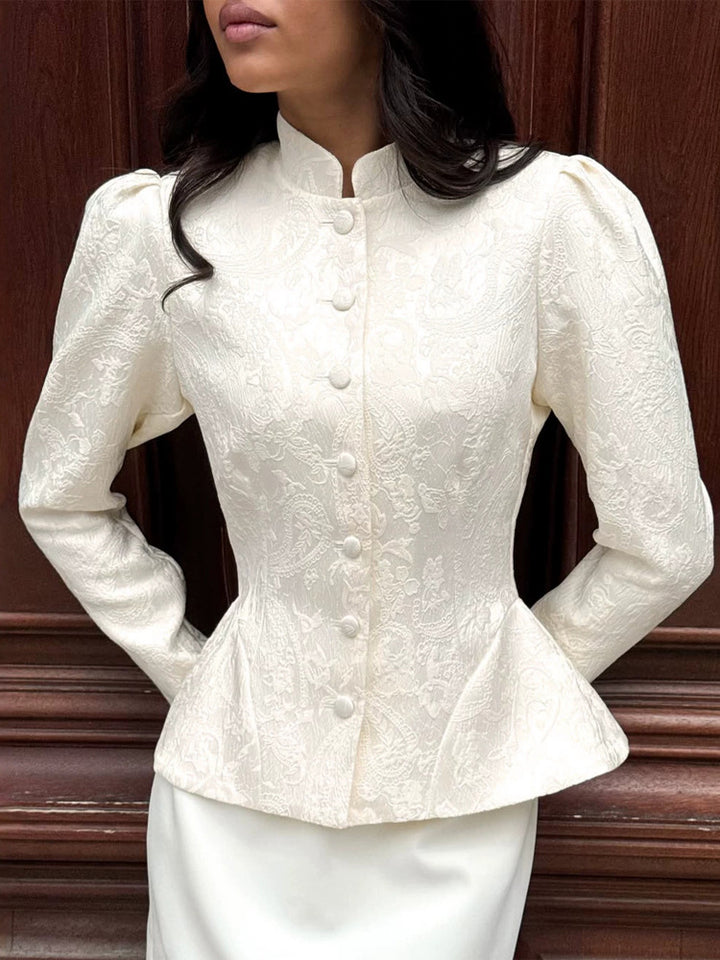 Women tailored jacquard blouse with stand-up collar and decorative button placket Mune Fashion