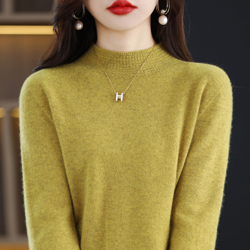 Women Light Fine Knit Mock Neck Sweater with Structured Collar Trim Mune Fashion