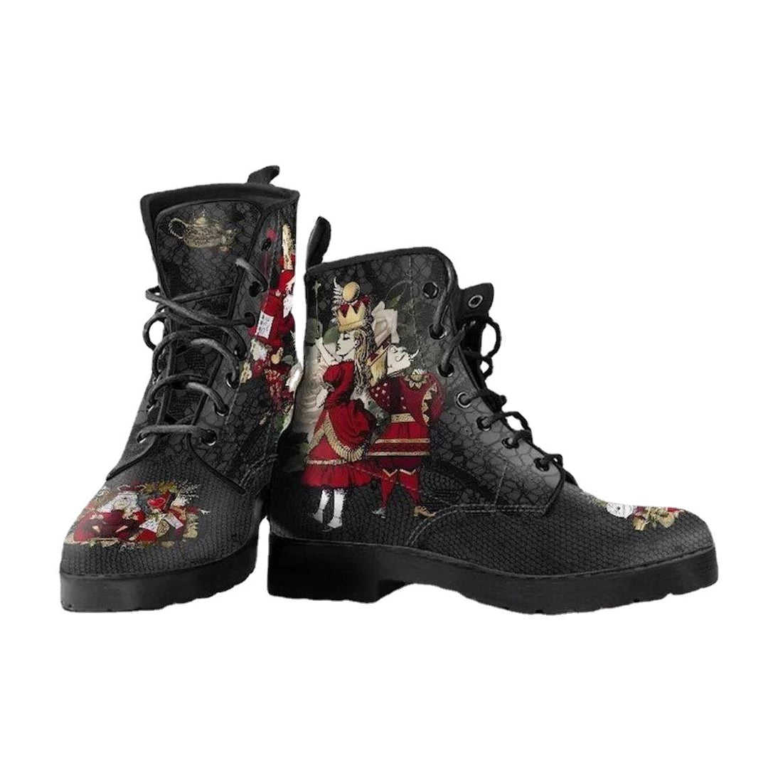 Women's trendy ankle-high laced biker boots with striking skull rose print and sturdy profile sole Mune Fashion