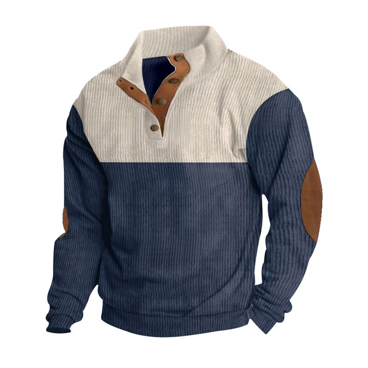 Men's structured Henley sweatshirt with stand-up collar, button placket, and leather elbow patches Mune Fashion