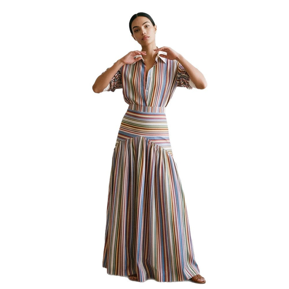 Women’s maxi dress with shirt collar, fitted waistband & layered tiered skirt Mune Fashion