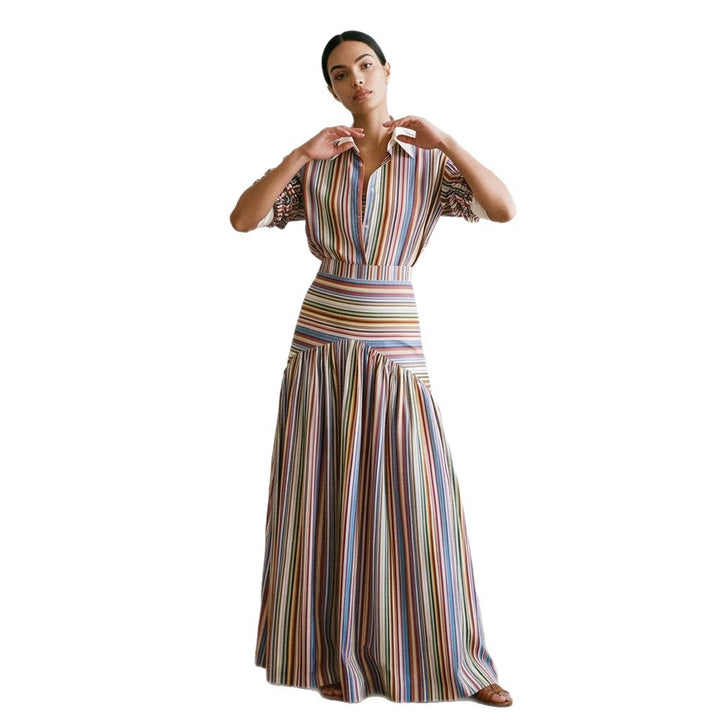 Women’s maxi dress with shirt collar, fitted waistband & layered tiered skirt Mune Fashion