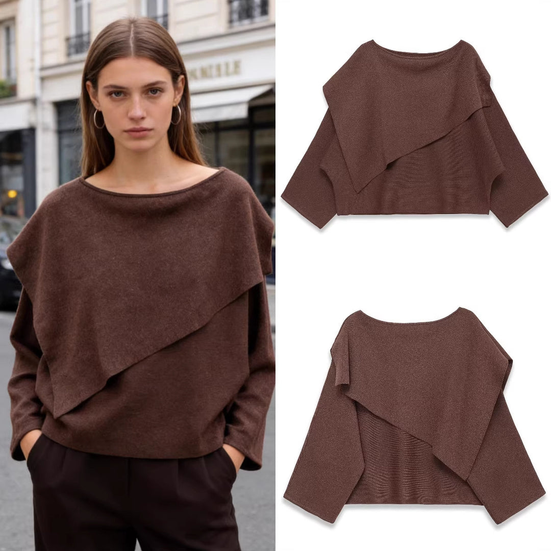 Women's Oversized Knit Poncho with Asymmetrical Ruffle Collar Mune Fashion
