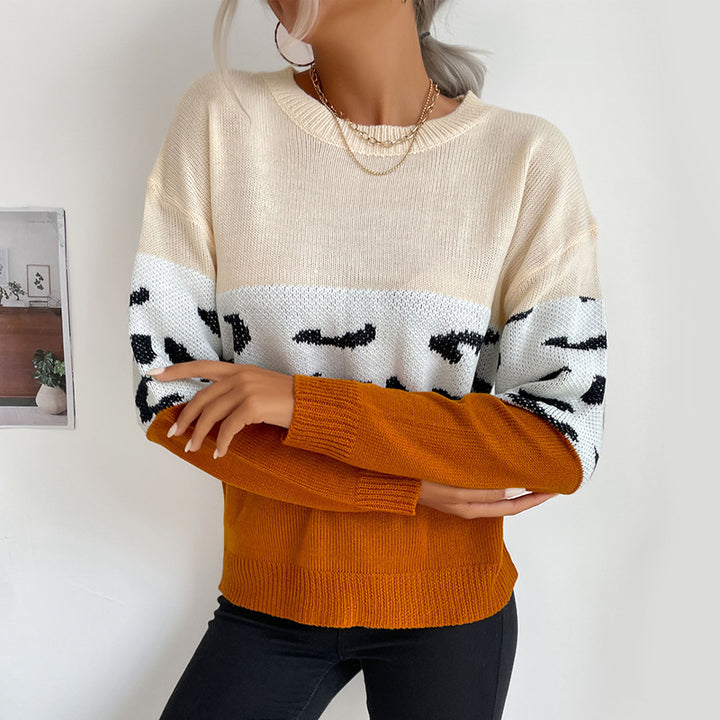 Women's Colorblock Knit Sweater with Leopard Pattern, Round Neck and Casual Fit Mune Fashion