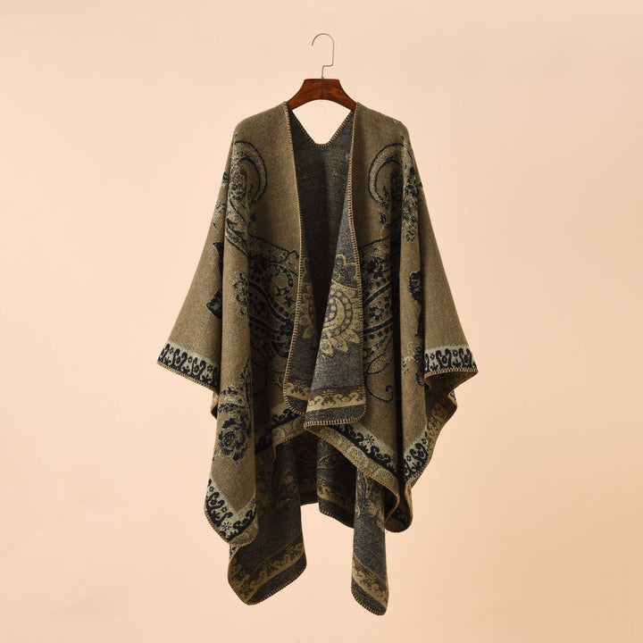 Ladies Elegant Jacquard Poncho with Paisley Pattern and Open Front Mune Fashion