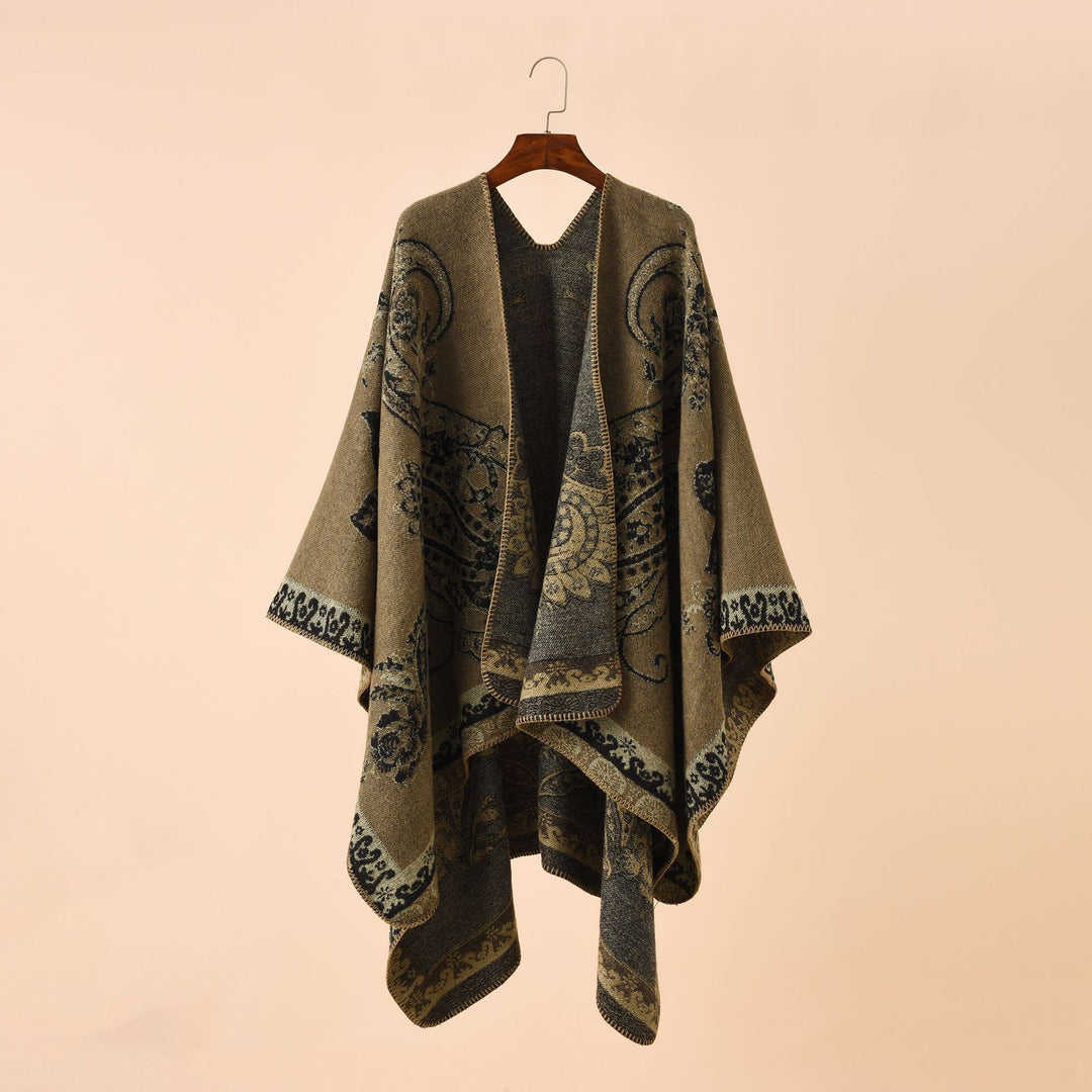 Women Oversize Knit Poncho with Paisley Pattern and Open Fall Mune Fashion