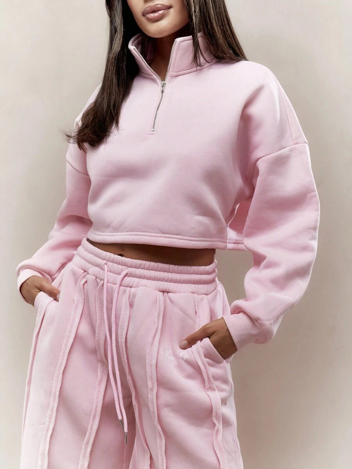 Women Crop-Half-Zip Sweatshirt and High-Waist Wide-Leg Lounge Pants Set with Visible Stitching Details Mune Fashion
