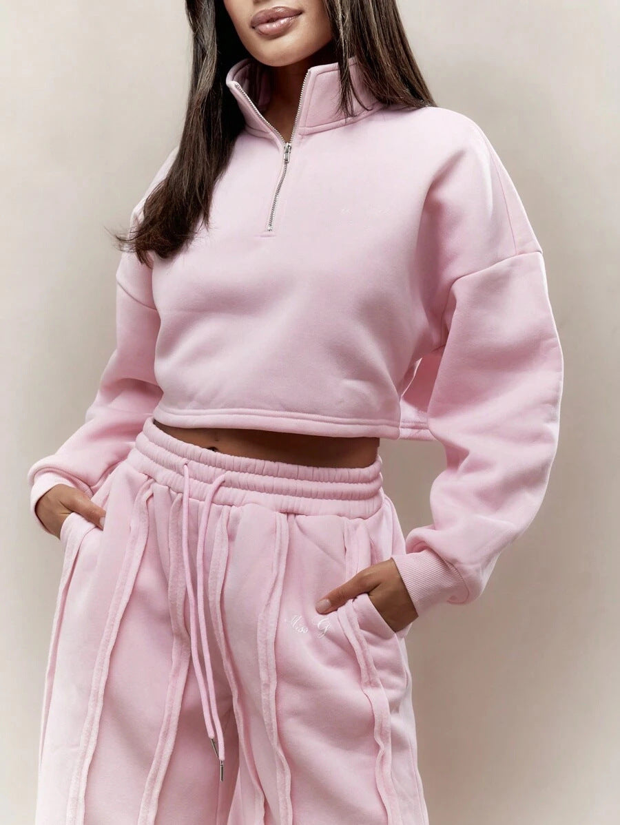 Women Crop-Half-Zip Sweatshirt and High-Waist Wide-Leg Lounge Pants Set with Visible Stitching Details Mune Fashion
