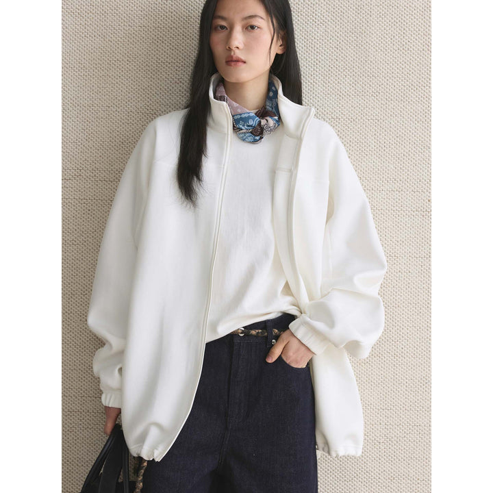 Women Oversize Zip Sweat Jacket with Stand Collar and Balloon Sleeves Mune Fashion