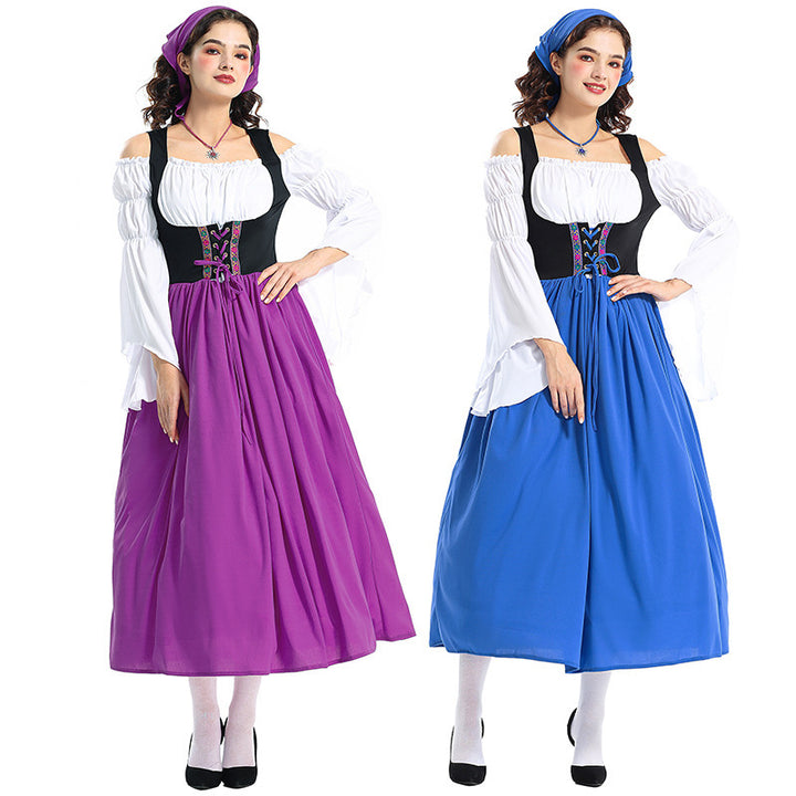 Ladies' Renaissance peasant dress with laced bodice, off-the-shoulder Carmen top, and wide skirt Mune Fashion