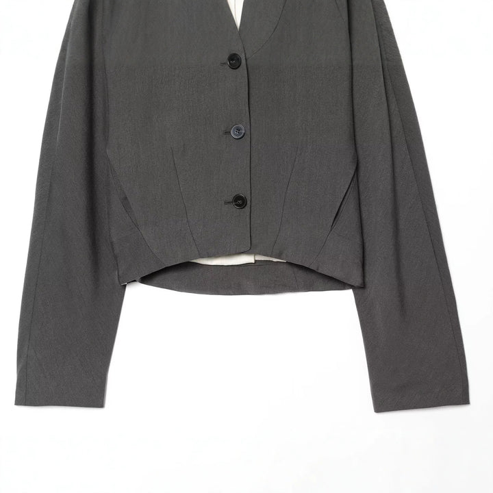 Women's Tailored Short Blazer with Stand Collar, V-Neck and Three-Button Detail Mune Fashion