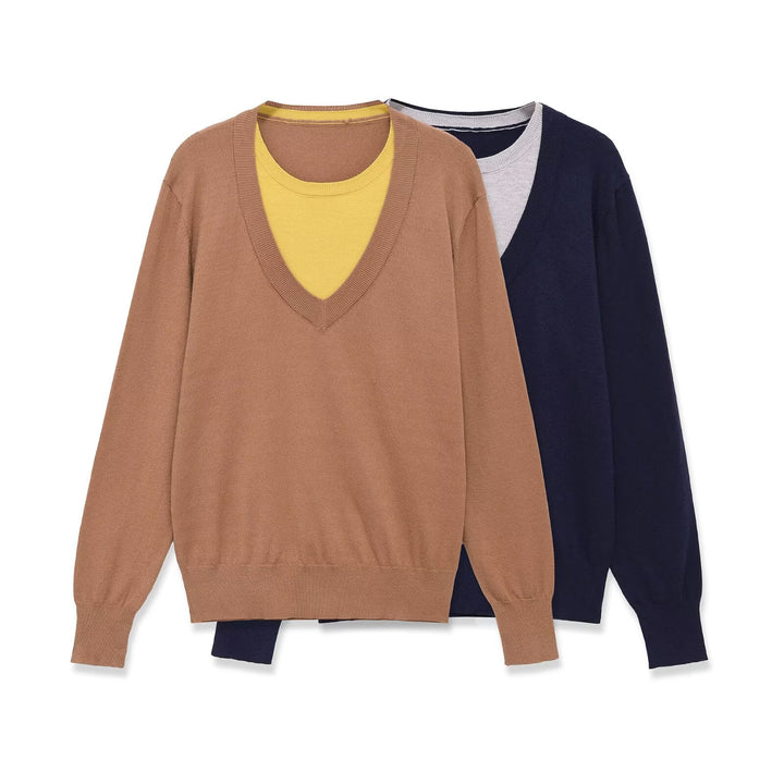 Women's layered pullover with deep V-neck and integrated round neck inlay Mune Fashion